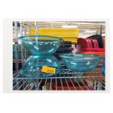 Three Blue Glass Mixing Bowls