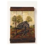 Rustic Cabin Scene Wall Art on Wood Planks