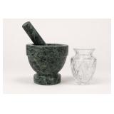Green Stone Mortar and Pestle with Clear Glass Vase
