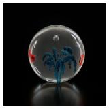 Clear Glass Paperweight with Blue and Red Design