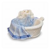 White Ceramic Dog in Basket Figurine