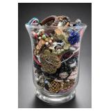 Glass Vase Filled With Assorted Costume Jewelry