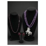 Purple Beaded Necklaces With Horse Pendant and Earrings