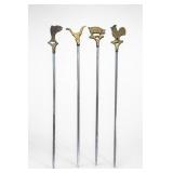 Set Of Four Metal Animal-Top Swizzle Sticks