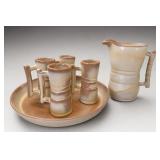 Glazed Ceramic Pitcher With Four Mugs and Tray