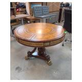 Round Inlaid Wood Pedestal Table With Brass Accents
