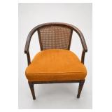 Wood and Cane Barrel Chair With Orange Upholstered Seat