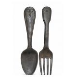 Pair of Oversized Carved Wooden Serving & Fork