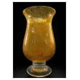 Large Amber Crackle-Textured Glass Vase Clear Foot