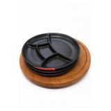 3 Black Divided Serving Plates with Wooden Board