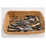 Lot of Assorted Flatware, Pocketknives, & Basket