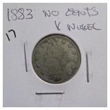 1883 Liberty Head V Nickel, No Cents