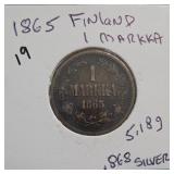 1865 Finland 1 Markka Coin KM# 3.1