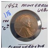 1952 Lincoln Wheat Cent, Mint Error Claim