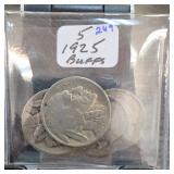 5 Buffalo Nickels, Holder Marked 1925