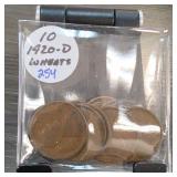 10 Lincoln Wheat Cents, Marked 1920-D