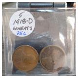 5 Lincoln Wheat Cents, Holder Marked 1918-D