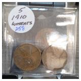 Five Lincoln Wheat Cents, Holder Marked 1910