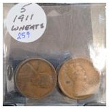 5 Lincoln Wheat Cents, Holder Marked 1911