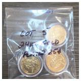 Three U.S. Quarters, Marked 24K Gold Layered