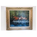 Three-Horse Equestrian Painting, Framed Signed