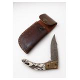 Folding Damscus Knife with Fitted Leather Sheath