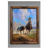 Framed Cowboy Roping Longhorn Artwork