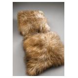 Two Tan Shaggy-Trim Mohair Throw Pillows