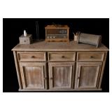 Lot of Distressed Wood Cabinet & Contents Inside