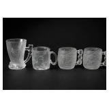 Lot of 4 Clear Decorative Glass Mugs