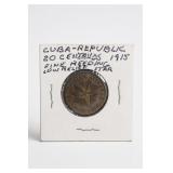 1915 Cuba 20 Centavos, F, Low Relief Star Coat