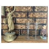 Bronze statue, cut crystal candle holders, Monk bobblehead