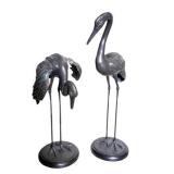 Pair of Cast Metal Crane / Heron Bird SculptuPair of Cast Metal Crane / Heron Bird Sculpturesres