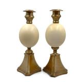 Brass-Mounted Ostrich Egg Candlesticks, Vintage, Pair