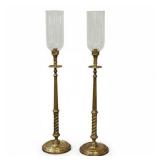 Maitland Smith Brass Candlesticks With Hurricane Shades