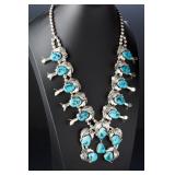 Vintage Navajo Turquoise Sterling Silver Squash Blossom Necklace Signed B