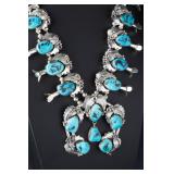 Vintage Navajo Turquoise Sterling Silver Squash Blossom Necklace Signed B