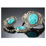 Navajo Ahasteen Turquoise Sterling Silver Slave Bracelet & Ring Set
