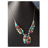 Navajo Emer Thompson Multi-Stone Inlay Sterling Silver Panel Necklace 73g