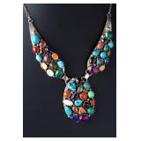 Navajo Emer Thompson Multi-Stone Inlay Sterling Silver Panel Necklace 73g