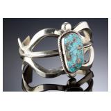 Navajo Heavy Sandcast Sterling Silver Turquoise Cuff Bracelet SIGNED AA 86g