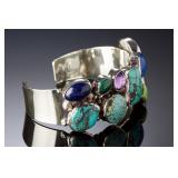 NAKAI Navajo Sterling Silver Multistone Cluster Cuff Bracelet 6.75" 56g