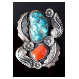SIGNED Navajo Turquoise Coral Sterling Silver Large Leaf Floral Pendant ST