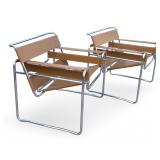 Pair of Wassily Style Chairs, Italian Made Replica, Tan Leather & Chrome