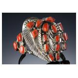 Navajo Sterling Silver Coral Cuff Bracelet Signed PJ Native American