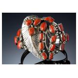 Navajo Sterling Silver Coral Cuff Bracelet Signed PJ Native American