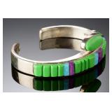 Signed Native American Sterling Silver Gaspeite Sugilite Opal Inlay Cuff Bracelet