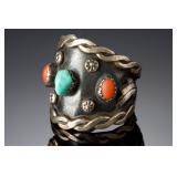 Navajo Turquoise Coral Silver Ring Sz 9 Vintage Native American Jewelry