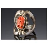 Antique Navajo Sandcast Silver Red Coral Ring SZ 6.75 Native American Jewelry