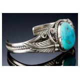 Navajo John Silversmith Turquoise Sterling Silver Cuff Bracelet Native American
